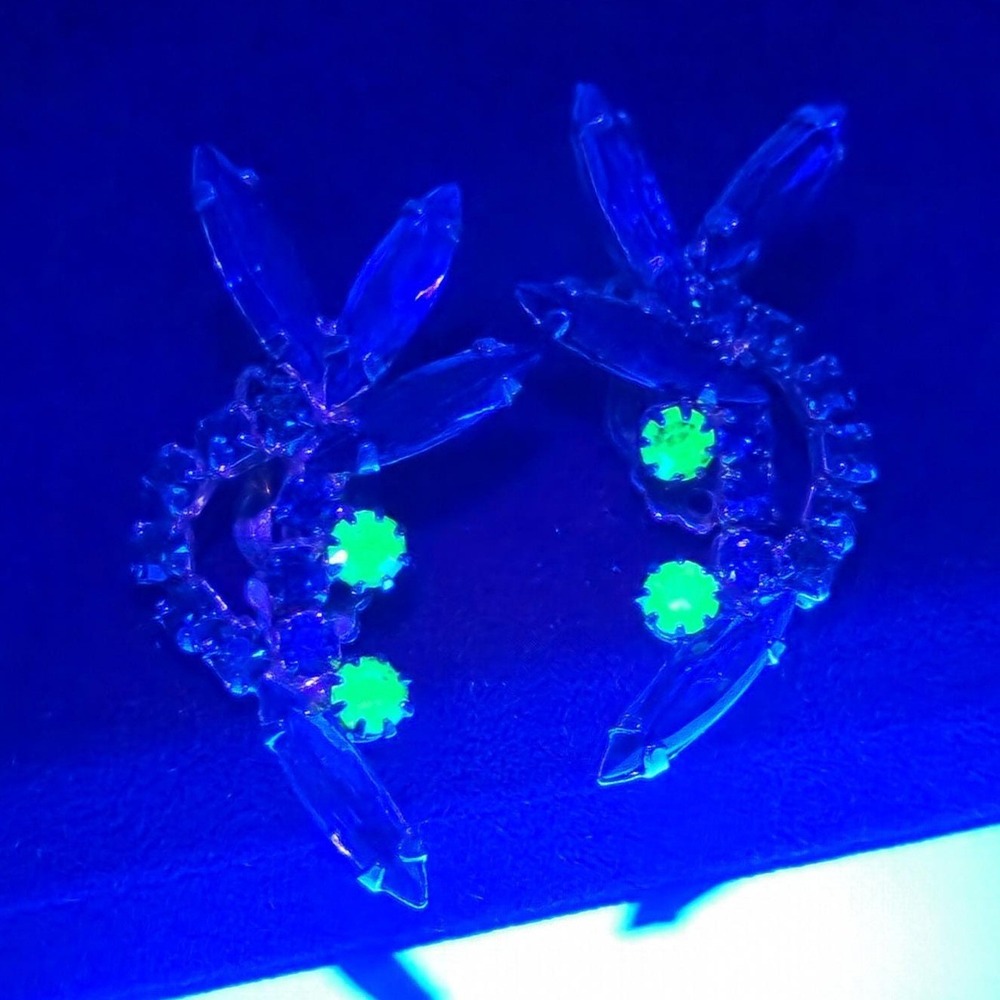 Vintage Blue Green Rhinestone Clip-On Earrings UV Glow Vaseline Glass